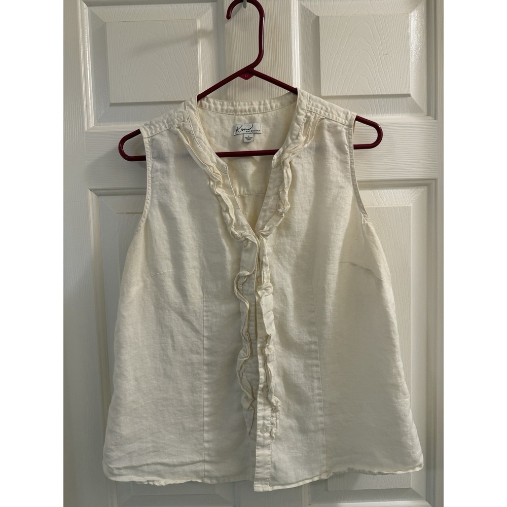 Kim Rogers Women's XL Solid V-Neck Linen Sleeveless Ruffle Button Blouse White